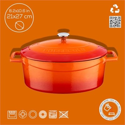 Lava Metal Oval Döküm Tencere, 27 cm, 3.91 L Hacim, Turunucu