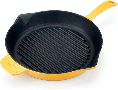 Lava Metal Spring Serisi - Döküm Izgara Tavası, Yuvarlak, 28 cm, Mat Emaye, Parlak Siyah Taban, Sarı