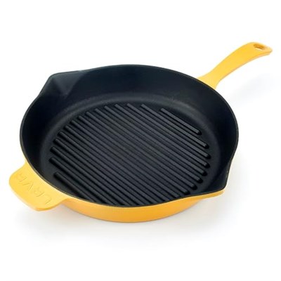 Lava Metal Spring Serisi - Döküm Izgara Tavası, Yuvarlak, 28 cm, Mat Emaye, Parlak Siyah Taban, Sarı
