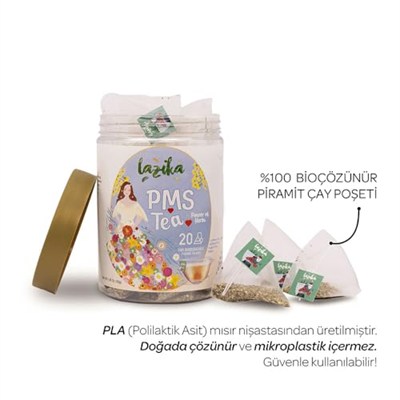 Lazika PMS Çayı - Hormon Dengeleyici Bitki Çayı, Sağlıklı Regl Döngüsü ve PMS Desteği, Kafeinsiz, 20 İpeksi Biyobozunur Piramit Poşet Çay, Papatya, Rezene