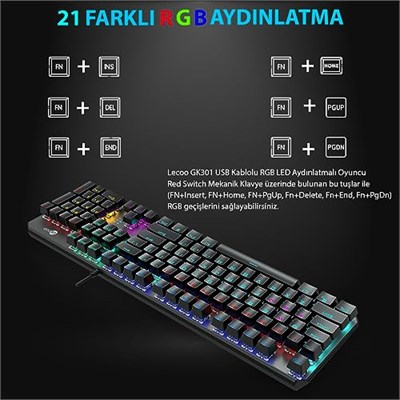 Lecoo GK301 USB Kablolu Red Switch Mekanik Oyuncu Klavyesi - Makro Tuş Atamalı, RGB LED Aydınlatmalı, QWERTY Türkçe Tuş Dizilimi, Gaming Türkçe Q Klavye Metalik Gri