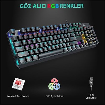 Lecoo GK301 USB Kablolu Red Switch Mekanik Oyuncu Klavyesi - Makro Tuş Atamalı, RGB LED Aydınlatmalı, QWERTY Türkçe Tuş Dizilimi, Gaming Türkçe Q Klavye Metalik Gri