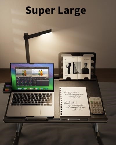 LED Masa Işıklı Dizüstü Bilgisayar Yatak Tepsisi Masası, SAIJI Ayarlanabilir Dizüstü Bilgisayar Standı, XXL PVC Deri Katlanabilir Masa, Kitap Standlı, Bilek Dayanağı, Ekstra Bacak Odası (Siyah)