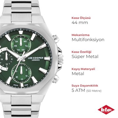 LEE COOPER, GÜMÜŞ KASA, GÜMÜŞ KORDON, YEŞİL KADRAN, MULTİFONKSİYON, QUARTZ, 44MM, 3ATM, ERKEK KOL SAATİ, LC07971.370