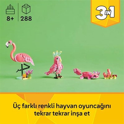 LEGO Creator 3ü 1 Arada Vahşi Hayvanlar: Pembe Flamingo 31170 – 8 Yaş ve Üzeri Kız ve Erkek Çocukları için Kakadu Papağanı veya Aksolotla Dönüşebilen Yaratıcı Oyuncak Seti, Hediye Fikri (288 parça)