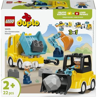 LEGO DUPLO Kasabası 3ü 1 Arada İnşaat Araçları 10475 | 2 Yaş ve Üzeri Çocuklar için İnşaatçı Figürü İçeren Eğitici Oyuncak Yapım Seti, Hediye Fikri (22 Parça)