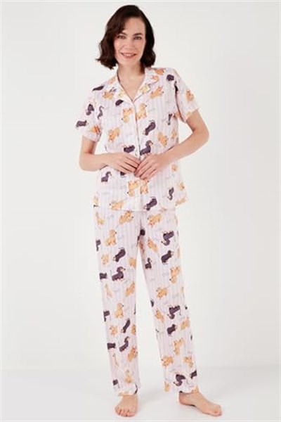 Lela Desenli Kısa Kollu Beli Lastikli Gömlek Yaka Dokuma Regular Fit Pijama Takımı (PEMBE, XL)