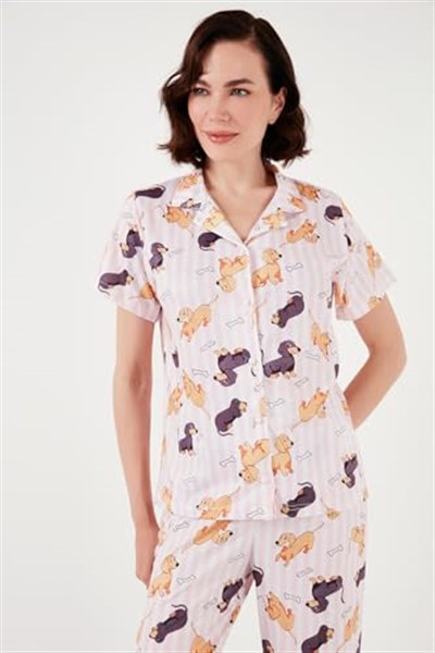 Lela Desenli Kısa Kollu Beli Lastikli Gömlek Yaka Dokuma Regular Fit Pijama Takımı (PEMBE, XL)