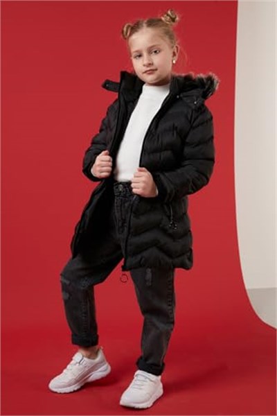 Lela Peluş Astarlı Yakası Suni Kürklü Çıkarılabilir Kapüşonlu Kışlık Mont Kız Çocuk MONT 5766041