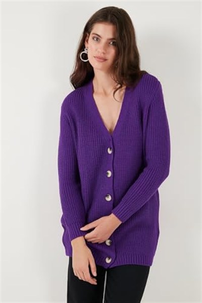 Lela Regular Fit V Yaka Düğmeli Triko Örme Uzun Hırka Bayan HIRKA 4615044