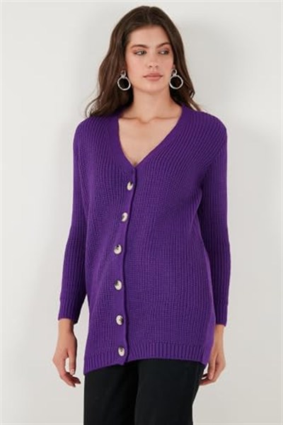 Lela Regular Fit V Yaka Düğmeli Triko Örme Uzun Hırka Bayan HIRKA 4615044