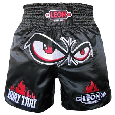 Leon No Fear Nakışlı Profesyonel Muay Thai ve Kick Boks Şortu Siyah