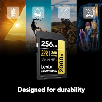 Lexar 256GB Profesyonel 2000x SDXC Hafıza Kartı, UHS-II, C10, U3, V90, Full-HD ve 8K Video, 300MB/sye Kadar Okuma, DSLR, Sinema Kalitesinde Video  - Seçenekler: 256GB, 128GB, 10lu Paket, Tek Kişilik