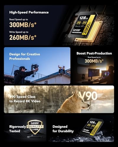 Lexar Professional 2000x SD Kart 128 GB, SDXC UHS-II Hafıza Kartı, 300 MB/snye Kadar Okuma, 260 MB/sn Yazma, Sınıf 10, U3, V90 SDXC Kart DSLR için, Full-HD Sinema Kalitesinde 8K Video Kameralar