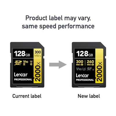 Lexar Profesyonel 2000x 128GB SDXC UHS-II Kart, 300MB/sye Kadar Okuma, DSLR, Sinema Kalitesinde Video Kameralar (LSD2000128G-BNNNU)
