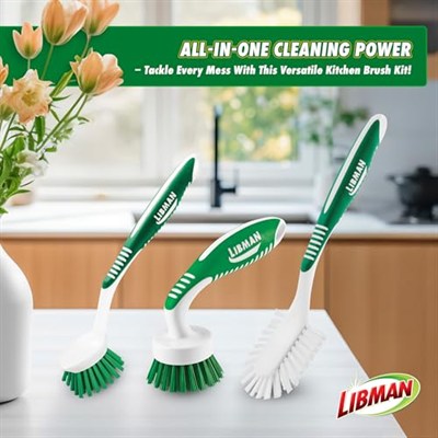 Libman Mutfak fırçalama fırçası seti, ev kullanımı için temizleme fırçaları, bulaşık fırçası, mutfak fırçaları, bulaşık fırçası, fırçalama fırçası, uzun saplı fırçalama fırçası, 3 farklı fırça dahil