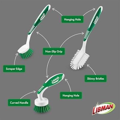 Libman Mutfak fırçalama fırçası seti, ev kullanımı için temizleme fırçaları, bulaşık fırçası, mutfak fırçaları, bulaşık fırçası, fırçalama fırçası, uzun saplı fırçalama fırçası, 3 farklı fırça dahil