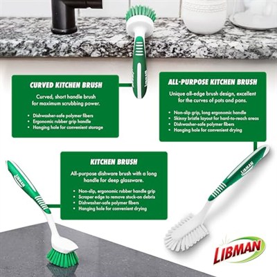 Libman Mutfak fırçalama fırçası seti, ev kullanımı için temizleme fırçaları, bulaşık fırçası, mutfak fırçaları, bulaşık fırçası, fırçalama fırçası, uzun saplı fırçalama fırçası, 3 farklı fırça dahil
