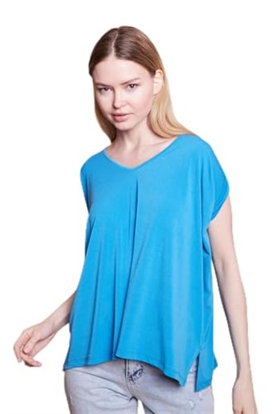 Likralı Krep Kumaş V Yaka Salaş Yanı Yırtmaçlı Oversize Bluz-Mavi