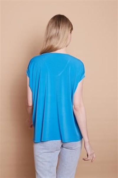 Likralı Krep Kumaş V Yaka Salaş Yanı Yırtmaçlı Oversize Bluz-Mavi