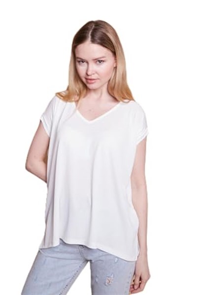 Likralı Krep Kumaş V Yaka Salaş Yanı Yırtmaçlı Oversize Bluz-Krem