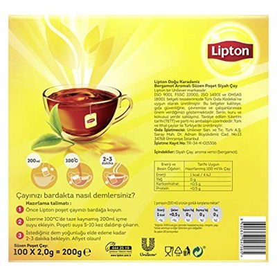 Lipton Doğu Karadeniz Bergamot Aromalı Bardak Süzen Poşet Siyah Çay, 100lü (2 paketi)