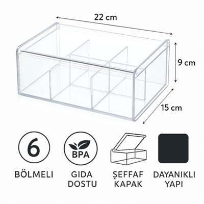 Lirazon 6 Bölmeli Plastik Çay Kutusu – Şeffaf Kapaklı, Gıda Dostu, Düzenleyici Kutu, Baharat/Çerez/Şeker Saklama Kabı – Mutfak Organizeri