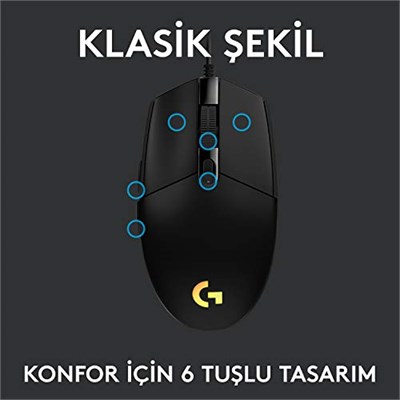 Logitech G G102 Kablolu Oyuncu Mouse, LIGHTSYNC RGB Aydınlatma, 8.000 DPI, 6 Programlanabilir Tuş, Siyah