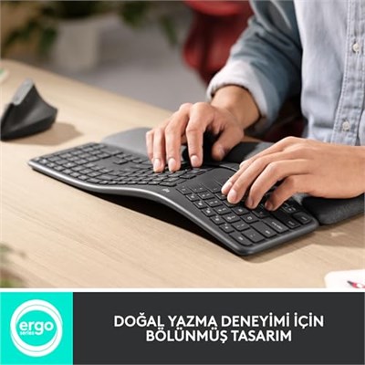 Logitech K860 ERGO Gelişmiş Ergonomik Kablosuz Klavye, Bilek Desteği, Bluetooth ve USB Bağlantılı, Sessiz, Özelleştirilebilir Tuşlu, Konforlu Bölünmüş Türkçe Q Klavye, Siyah