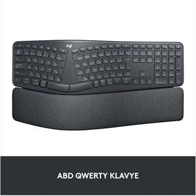 Logitech K860 ERGO Gelişmiş Ergonomik Kablosuz Klavye, Bilek Desteği, Bluetooth ve USB Bağlantılı, Sessiz, Özelleştirilebilir Tuşlu, Konforlu Bölünmüş Türkçe Q Klavye, Siyah