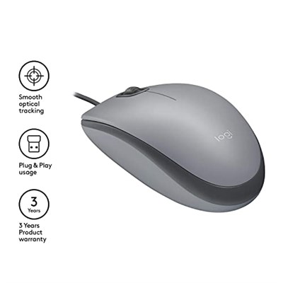 Logitech M110 USB Kablolu Sessiz Mouse, Dizüstü Bilgisayar, Notebook, PC ve Mac için Quiet Click teknolojili, USB-A Bağlantılı, Sağ ve Sol Elle Kullanıma Uygun, Gri