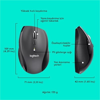 Logitech M705 Marathon Kablosuz Mouse, 1.000 DPI Optik İzleme, Unifying Alıcı, Yüksek Hızlı Kaydırma, 3 Yıl Pil Ömrü, 10 m Kullanım Mesafesi, Siyah