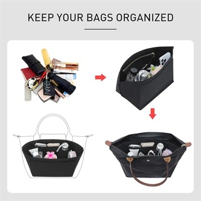 Longchamp Çanta Düzenleyici Ekleme Le Pliage Büyük Bez Çantalarla Uyumlu, Keçe Fermuarlı Çanta Düzenleyici Ekleme, Bardak Tutuculu, 8 Bölmeli (Siyah, L)