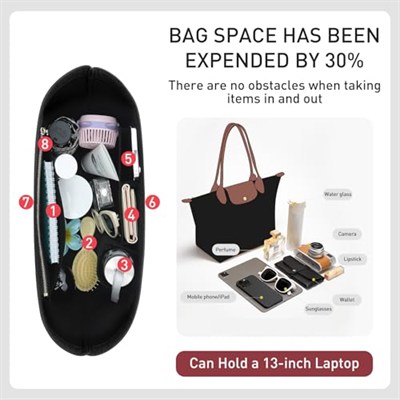 Longchamp Çanta Düzenleyici Ekleme Le Pliage Büyük Bez Çantalarla Uyumlu, Keçe Fermuarlı Çanta Düzenleyici Ekleme, Bardak Tutuculu, 8 Bölmeli (Siyah, L)