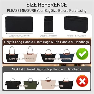 Longchamp Çanta Düzenleyici Ekleme Le Pliage Büyük Bez Çantalarla Uyumlu, Keçe Fermuarlı Çanta Düzenleyici Ekleme, Bardak Tutuculu, 8 Bölmeli (Siyah, L)