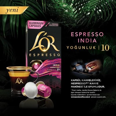 LOR - Espresso Kahve - India - Origins Collection - Yoğunluk 10 - Tatlımsı ve Hafif Baharat Notaları - 1 Paket x 10 Alüminyum Kapsül