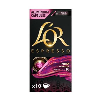 LOR - Espresso Kahve - India - Origins Collection - Yoğunluk 10 - Tatlımsı ve Hafif Baharat Notaları - 1 Paket x 10 Alüminyum Kapsül x 10 Kutu