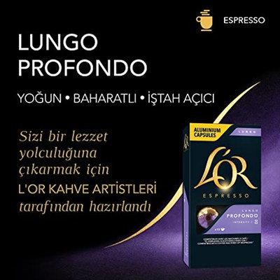 LOR Lungo Profondo, Core-Lungo Collection, Yoğunluk 8, Bitter Çikolata ve Meyvemsi Notalar Espresso Kapsülleri, 10 Adet, 1 Paket