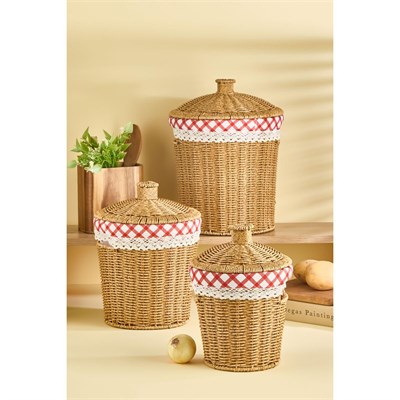 Lora Bianca 3lü Rattan Görünümlü Ekose Kumaşlı Kapaklı Patates Soğan & Çok Amaçlı Saklama Sepeti Seti