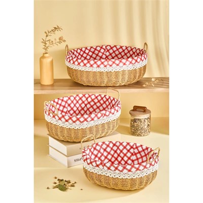 Lora Bianca Rattan Görünümlü Oval 3 Parça Kulplu Ekose Kumaşlı Çok Amaçlı Organizer Sepet Seti