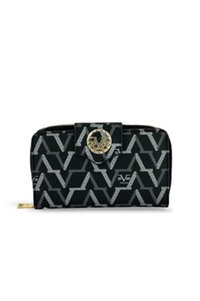 Louisiana Polo 19V69 İtalya Kadın Cüzdanı, Siyah Monogram Desen, 16x10x2 cm, 12 Kart Gözü, Bozuk ve Kağıt Para Bölmeli