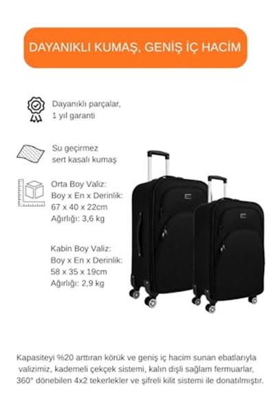 Louisiana Polo Orta ve Kabin Boy Valiz Seti 4 Teker Kumaş Valiz Siyah 1081