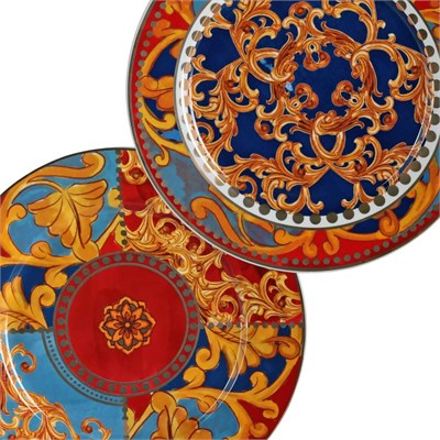 Lucky Art Clarissa Bone China Porselen Mavi Kırmızı Barok Desenli 4 Lü Yemek Tabağı Seti 27 Cm