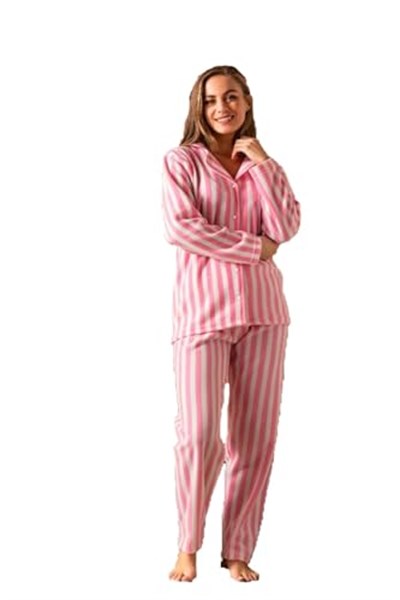 Lukitus Çizgili Düğmeli Gömlek Yaka Peluş Polar Pijama Takımı