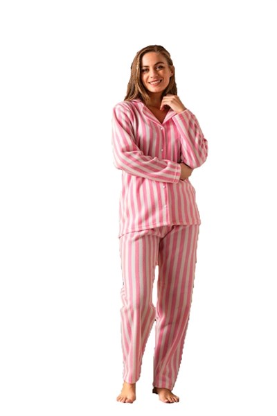 Lukitus Çizgili Düğmeli Gömlek Yaka Peluş Polar Pijama Takımı