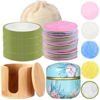 Lulurose Yeniden Kullanılabilir ve Yıkanabilir Makyaj Temizleyici Pedler (40lı Paket) ve Bambu Tutucu ve Dekoratif Saklama Teneke ve Yıkanabilir İpli Çamaşır Torbası | Tüm Cilt Tipi Cilt Bakım Seti Y