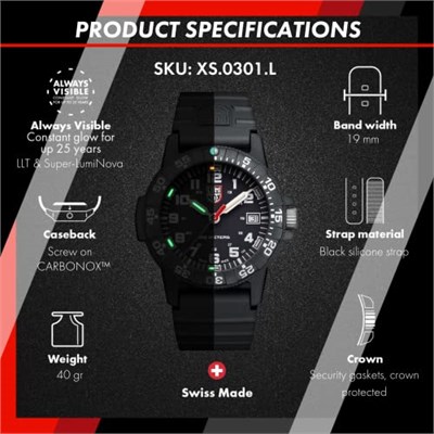 Luminox Leatherback SEA Turtle XS.0301.L Erkek Saati Küçük 39 mm - Askeri Saat Siyah Tarih Göstergeli 100 m Su Geçirmez, Schwarz, Bant