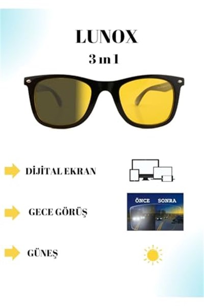 LUNOX (726) Fotokromik 3in1 Sports Seri (Güneş-Mavi Işık Koruma-Antifar) Gözlük Mat Siyah