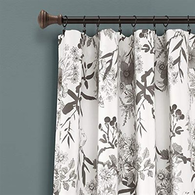 Lush Decor, Gri ve Beyaz Botanik Bahçesi Perdeleri Çiçekli Kuş Baskılı Oda Karartma Pencere Perdeleri Oturma, Yemek, Yatak Odası için Set, 95