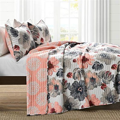 Lush Decor Leah Çift Taraflı Çiçekli Yorgan Seti, 3 Parça Set, Kral, Mercan ve Gri - Büyüleyici Çiçekli Yatak Seti - Büyük Çiçek Açan Sulu Boya Çiçekler